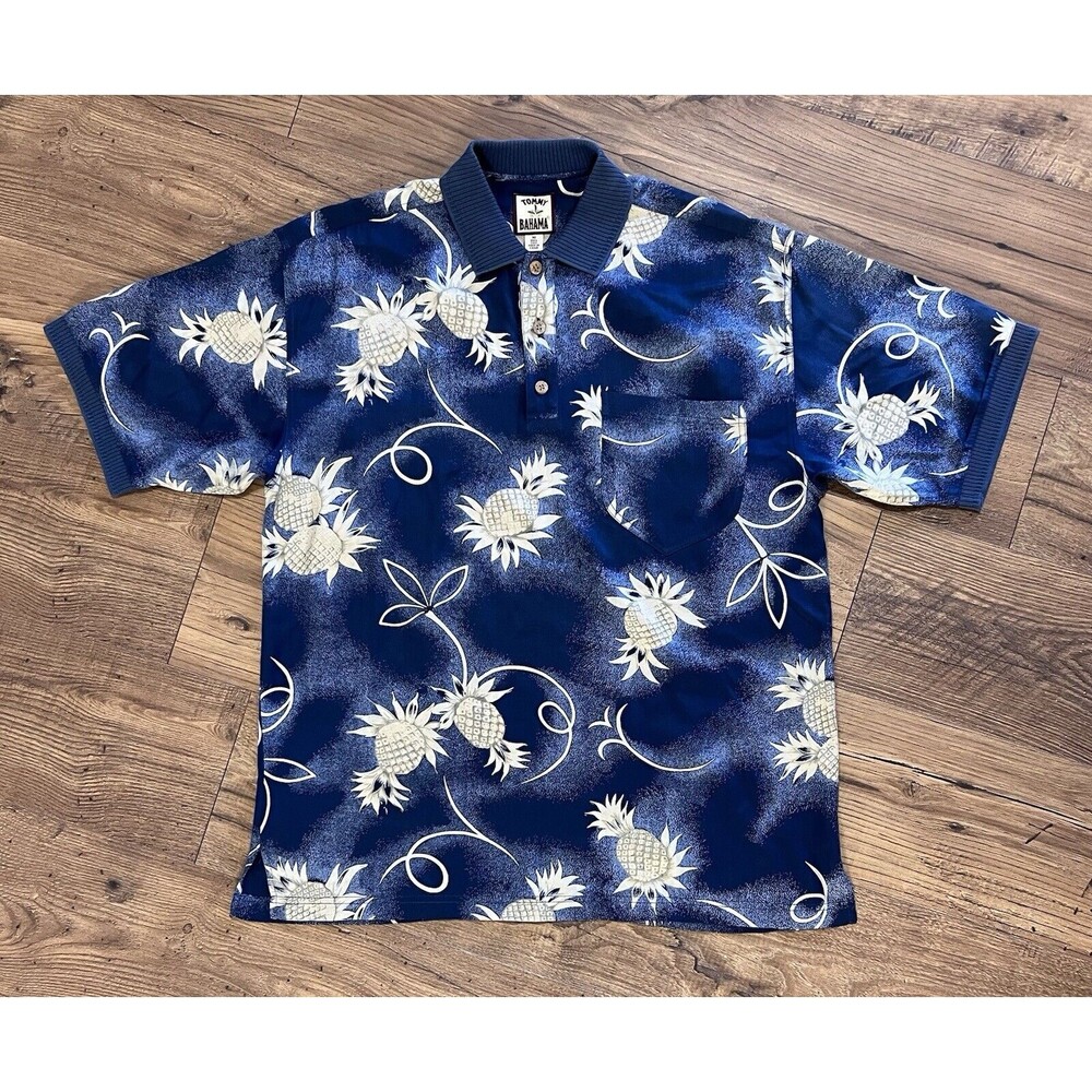 Tommy Bahama Hawaiian Polo Shirt Mens L Silk Pineapple Coconut All Over Print